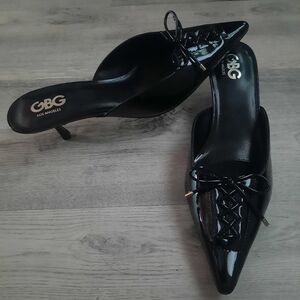 GBG Los Angeles Glossy Black Heels with Bow Detail